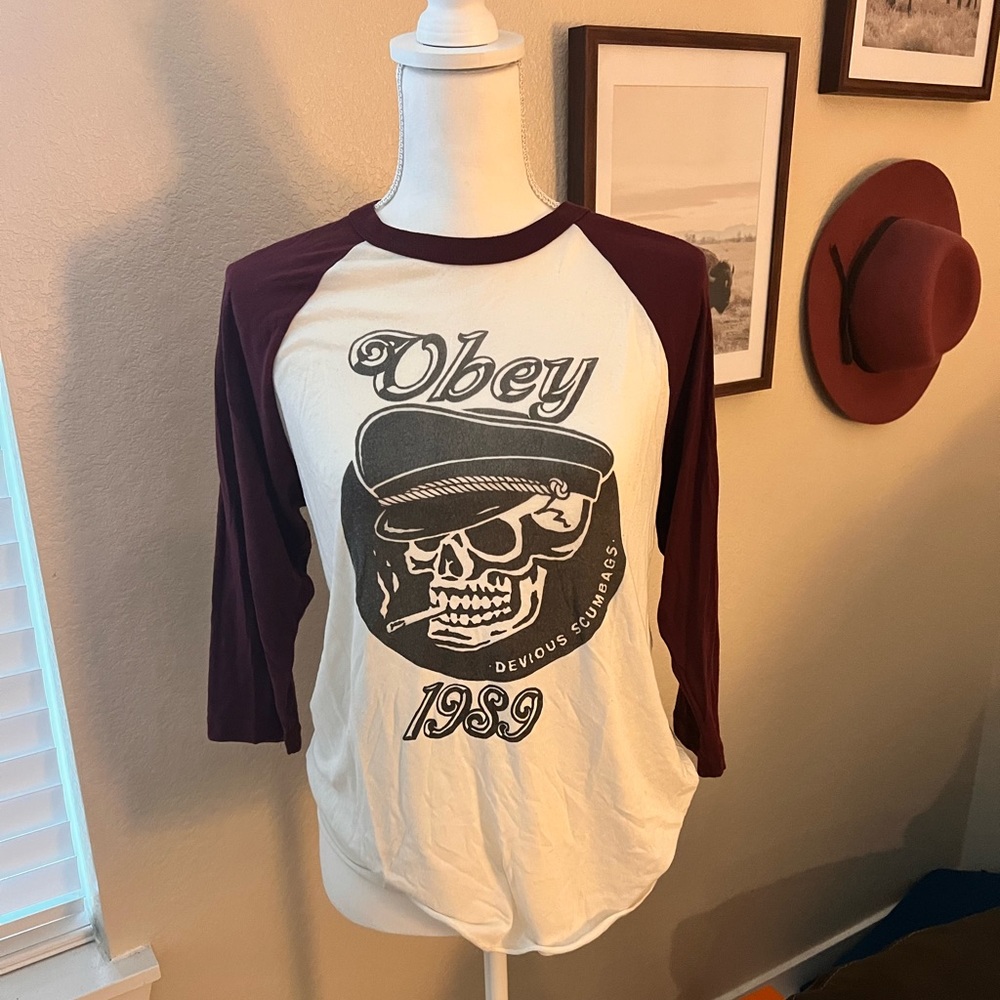 Obey Baseball Tee. Size medium. 3/4 sleeve. Excellent condition